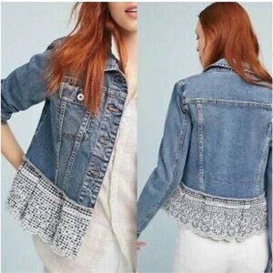 Pilcro and the Letterpress Blue Eyelet Floral Denim Jacket Size L